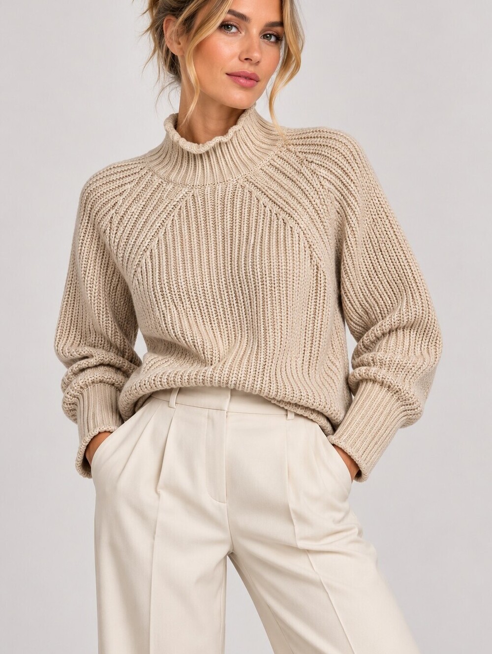 J.Crew Relaxed Fit Roll Neck Shaker Stitch Fisherman Style Sweater Camel Size M
